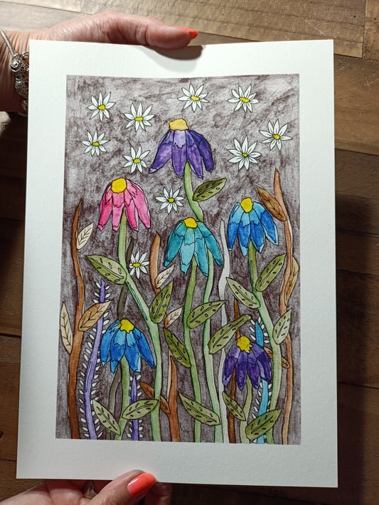 Echinacea and Daisy A4 Giclée Print