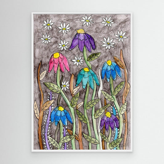 Echinacea and Daisy - Framed Canvas Giclée Print