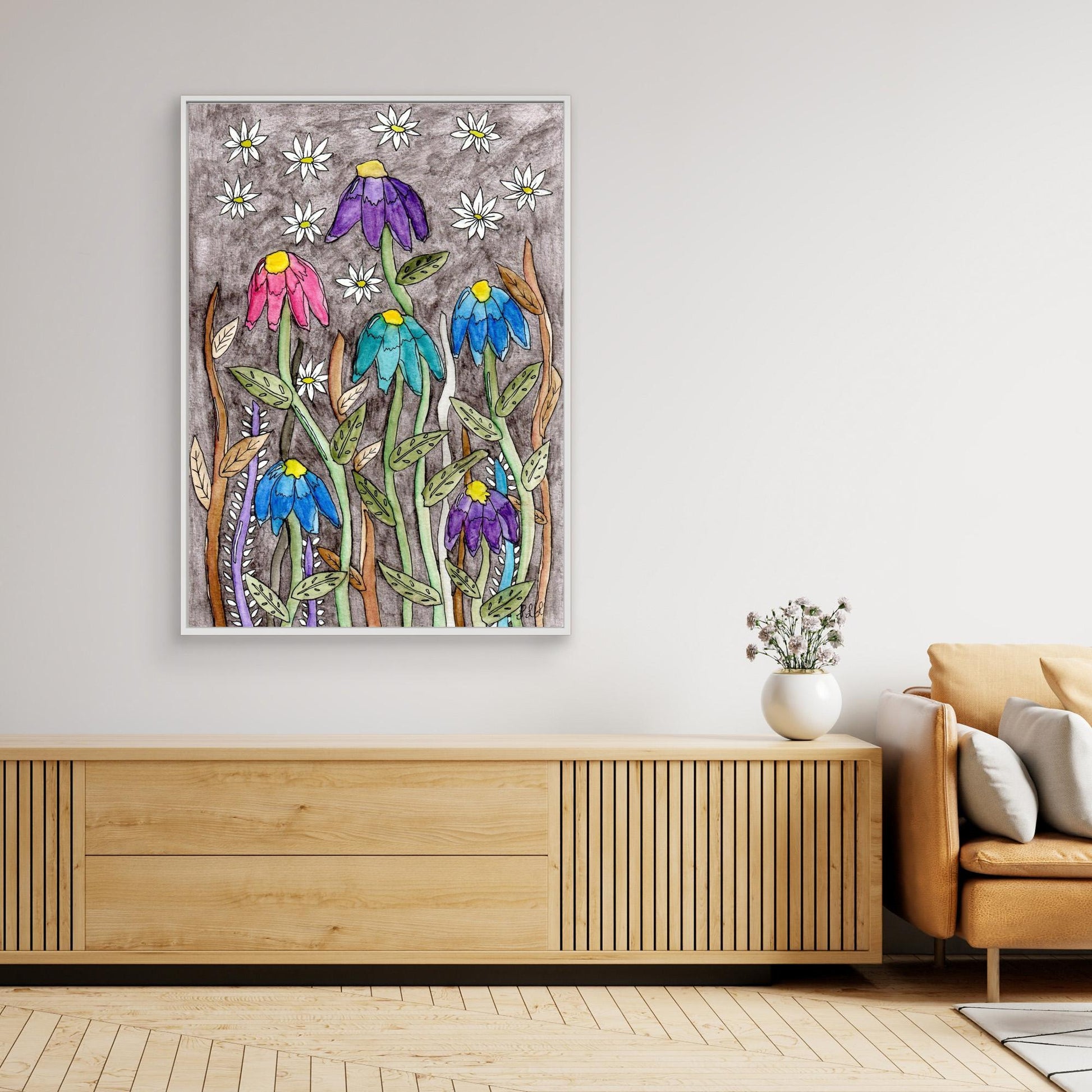 Echinacea and Daisy - Framed Canvas Giclée Print