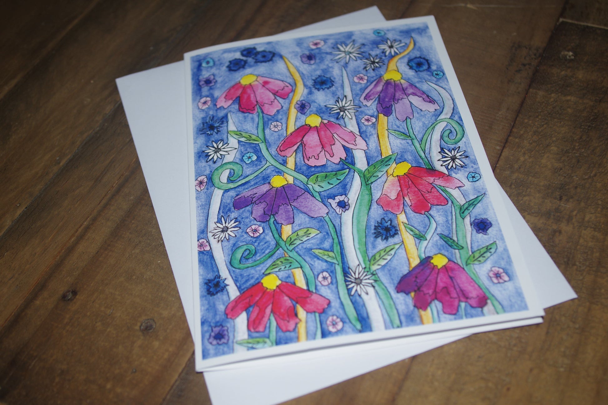 Brighten someone's day with this beautiful card. Inspired by cottage gardens, they are full of beautiful flowers, different types, different sizes and many different colours.