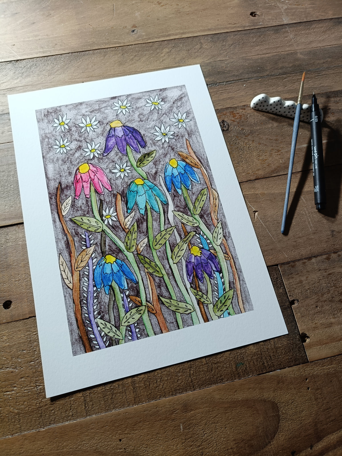 Echinacea and Daisy A4 Giclée Print