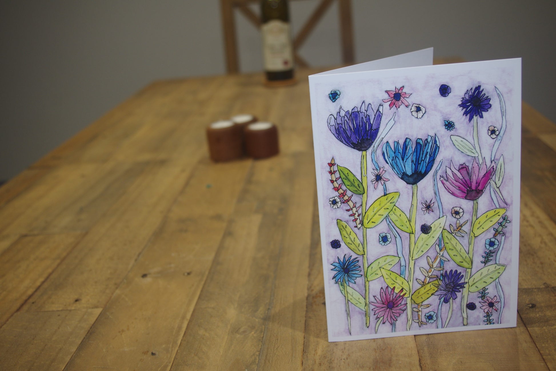 Brighten someone's day with this beautiful card. There's something about the mix of lime, lilac, purple and blue that makes one feel happy, calm and relaxed.