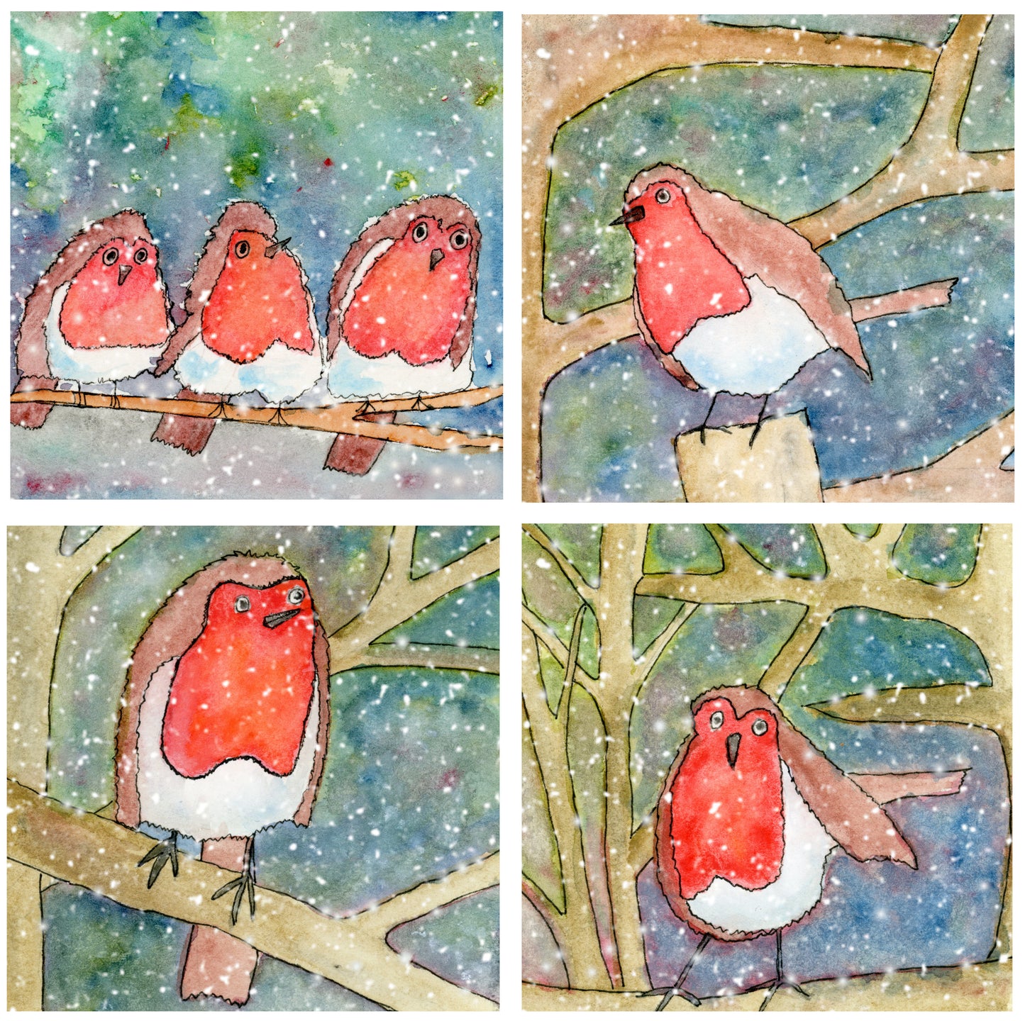 Set of 4 Robin Christmas Cards - Blank Inside