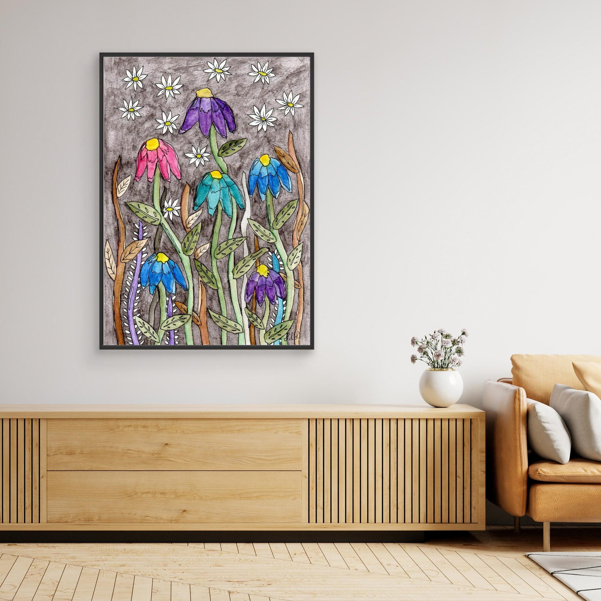 Echinacea and Daisy - Framed Canvas Giclée Print